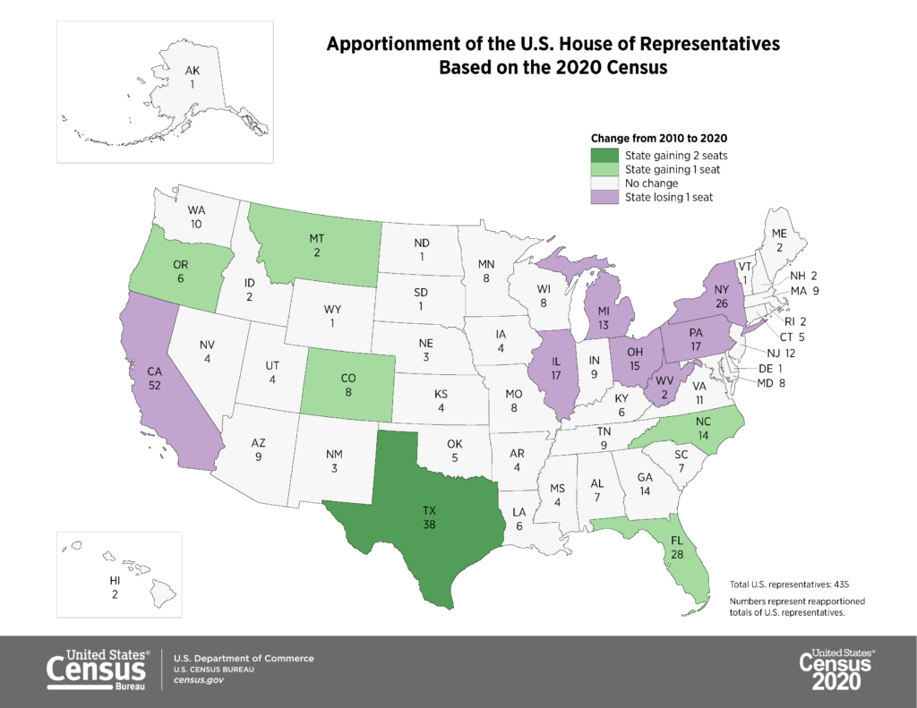 Map showing apportionment of the U.S. House of Representatives Based on the 2020 Census